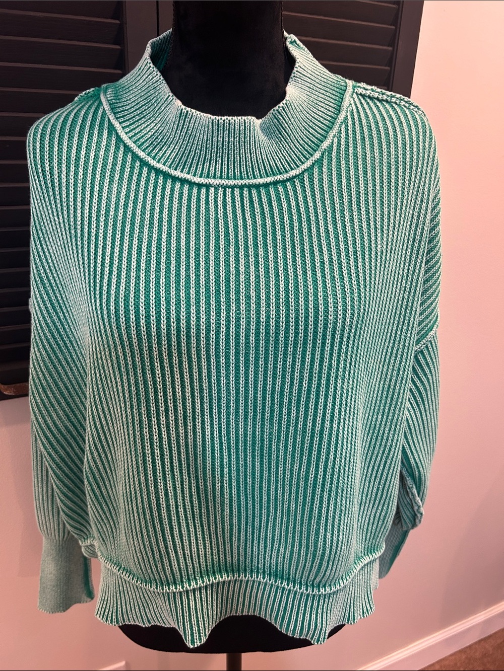 Zenana  Aqua Stripe Ribbed Crew Sweater